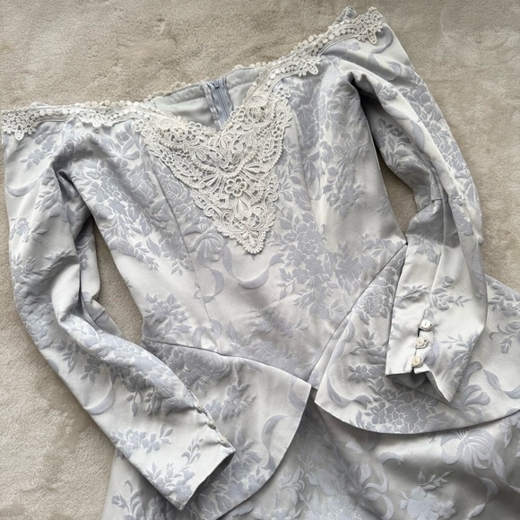 Vintage 80s Scott McClintock Jacquard Ice Blue Victorian Peplum Dress Sz 6 - Picture 6 of 8